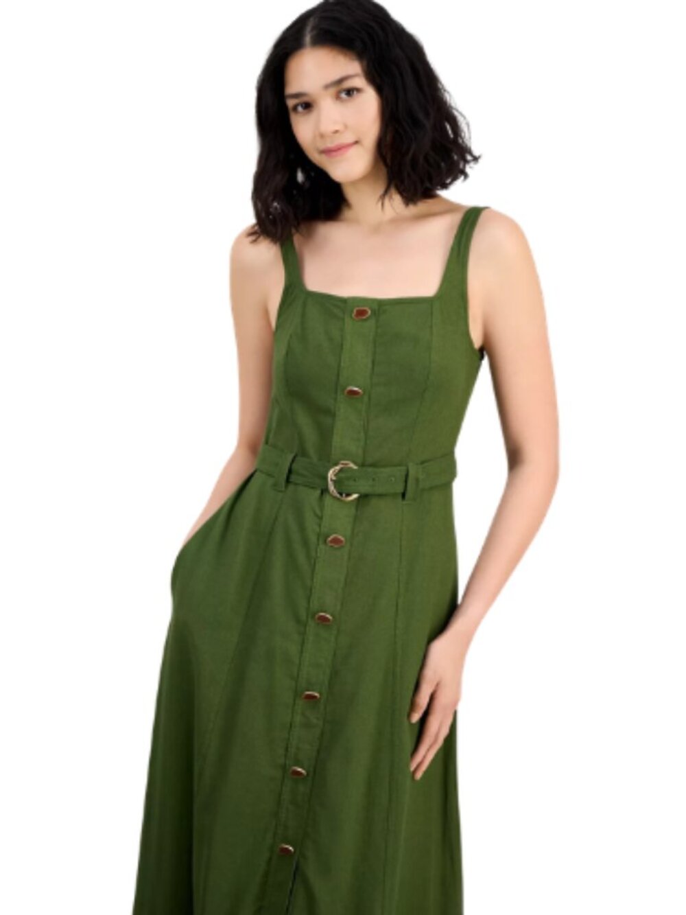Taylor Square Neck Belted Green Button Midi Casual Day Dress Size 8P
